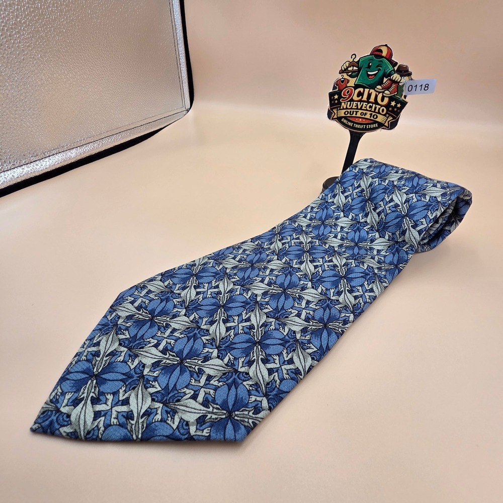 MC Escher Two Reptiles Symmetry Silk Tie Blue Grey‎ Art Tessellation Made Italy
